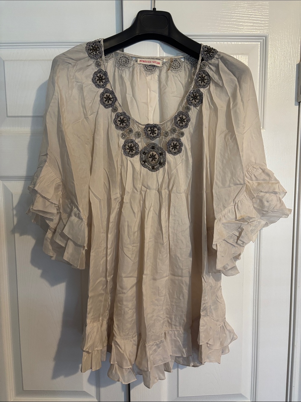 Rebecca Taylor Cream Embroidered Ruffle-Sleeve Tunic